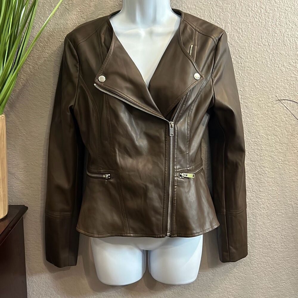 RB3 Mark Allen, New York, brown, faux, leather, peplum, jacket, size medium